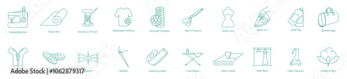 Swing Machine, Fabric Roll, Needle and Thread, Sustainable Clothing, Recyclable Polyester, Tailor Scissors, Dress Form, Steam Iron, Label Tag, Garment Bag, Zippers, Buttons, Elastics vector icons