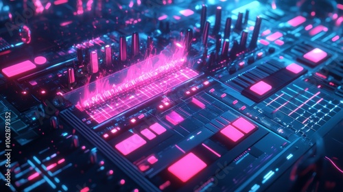 A futuristic cityscape rendered with vibrant neon lights.