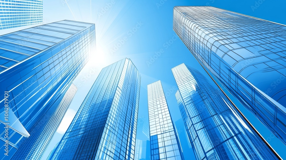 A low-angle view of modern skyscrapers reflecting sunlight against a clear blue sky. A low-angle view of modern skyscrapers reflecting sunlight against a clear blue sky.