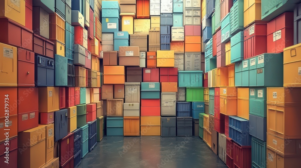 Fototapeta premium Whimsical representation of a stockroom filled with colorful boxes and labels, highlighting the importance of organization in inventory control.