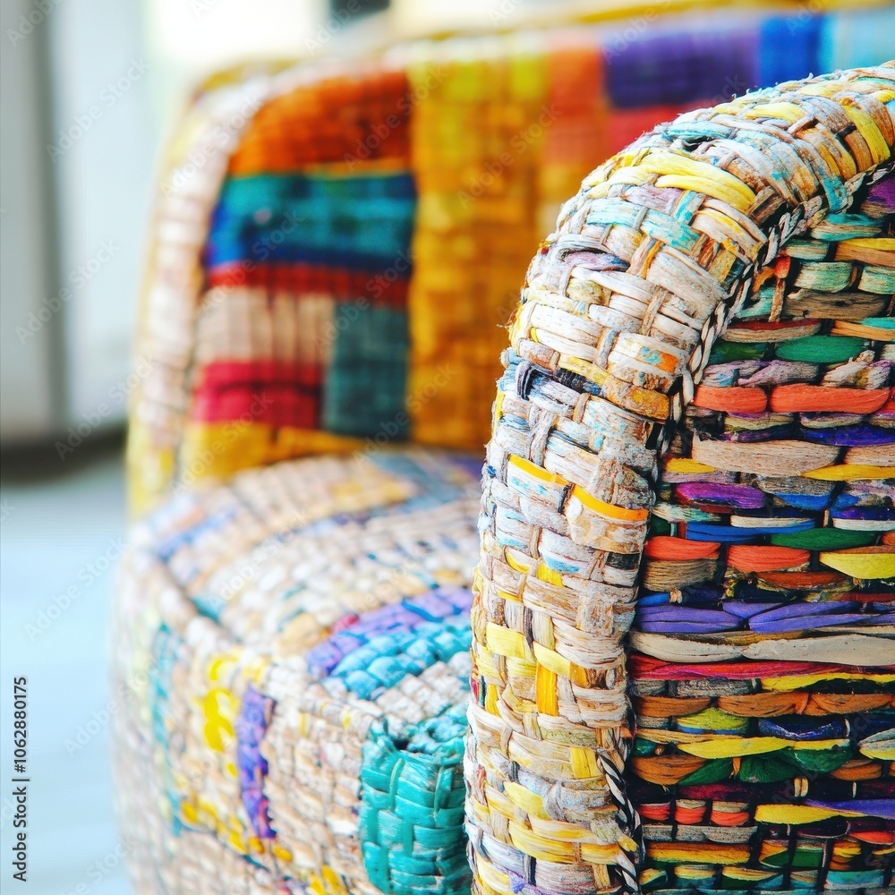 A close-up of a stylish chair made from recycled materials in a bright setting