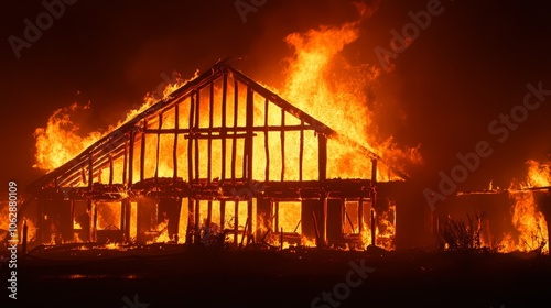 A wooden structure engulfed in flames, showcasing the destructive power of fire.