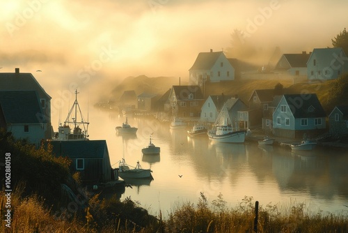 A Foggy Harbor Town at Sunrise with Boats and Houses photo