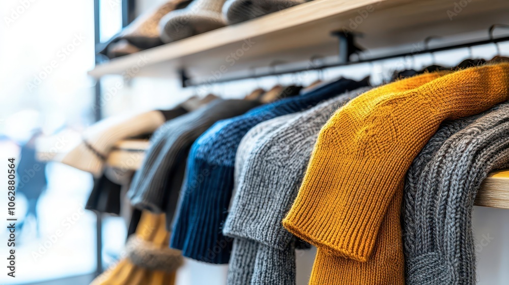 Obraz premium Colorful knitwear displayed on a retail shelf, inviting winter fashion.