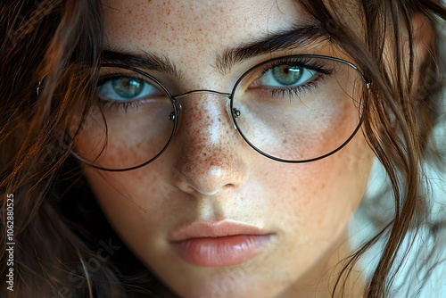 Close-up of woman with freckles and glasses highlighting natural beauty and intense gaze