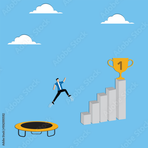 Businessman jumps off a springboard onto a trophy to win