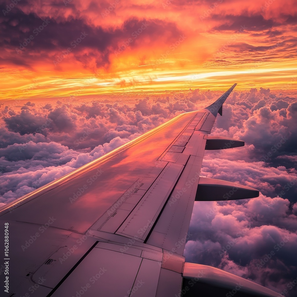 A stunning view from an airplane window. The wing cuts through vibrant clouds. Dramatic sunset colors fill the sky, creating a sense of adventure and freedom A stunning view from an airplane window. The wing cuts through vibrant clouds. Dramatic sunset colors fill the sky, creating a sense of adventure and freedom