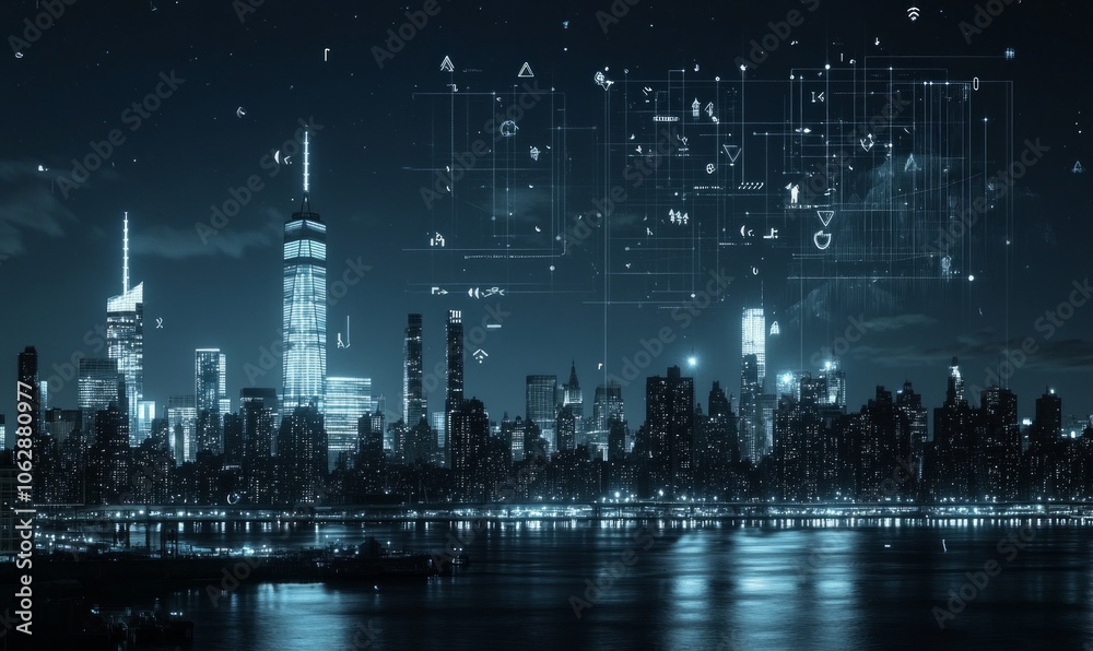 Wireframe digital interface with arrows in night New York city Wireframe digital interface with arrows in night New York city