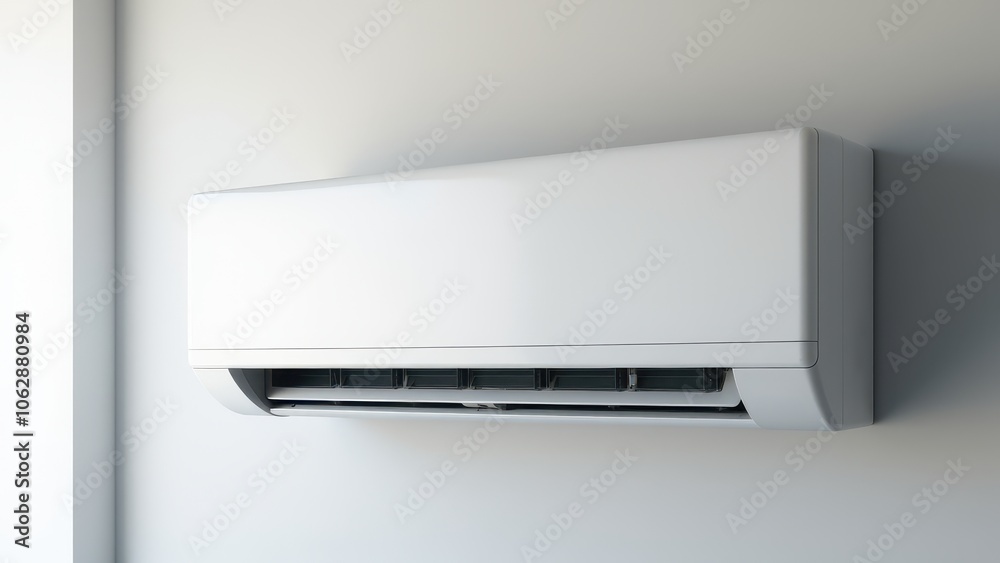 A view of parts of an home AC system in a sleek split system air conditioner, mounted on a wall A view of parts of an home AC system in a sleek split system air conditioner, mounted on a wall