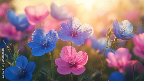 Vibrant Wildflowers Blooming in a Sun-Drenched Meadow Under a Clear Blue Sky in Soft Gold Light