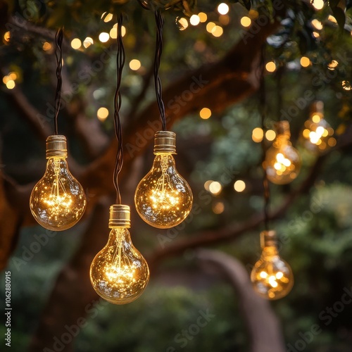 A string lights, multiple golden round shaped light bulbs hanging from thin wire with clear LED lights, rustic look, hanging in a tree, providing warm lighting in a natural setting photo