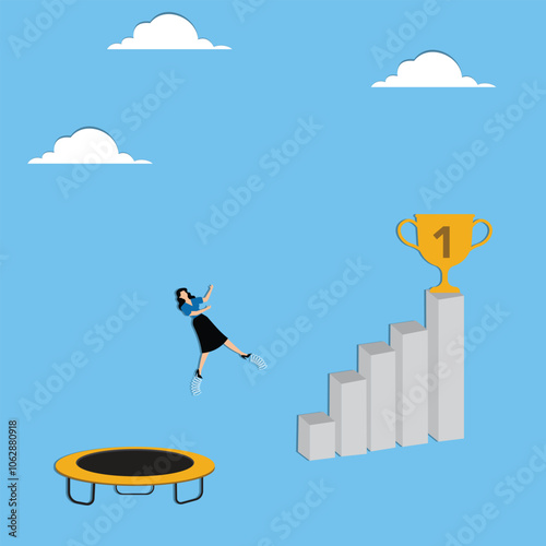 Businesswoman jumps off a springboard onto a trophy to win