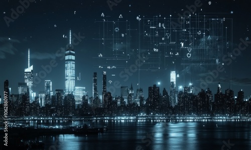 Wireframe digital interface with arrows in night New York city