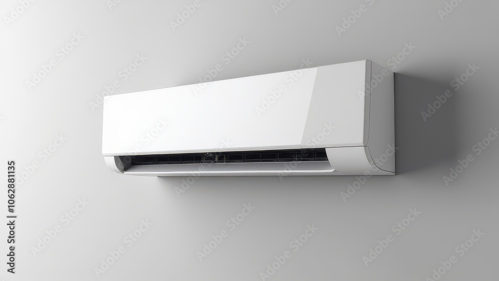 A detailed view of a split system AC mounted on a wall, illustrating the components and parts of an home AC system A detailed view of a split system AC mounted on a wall, illustrating the components and parts of an home AC system