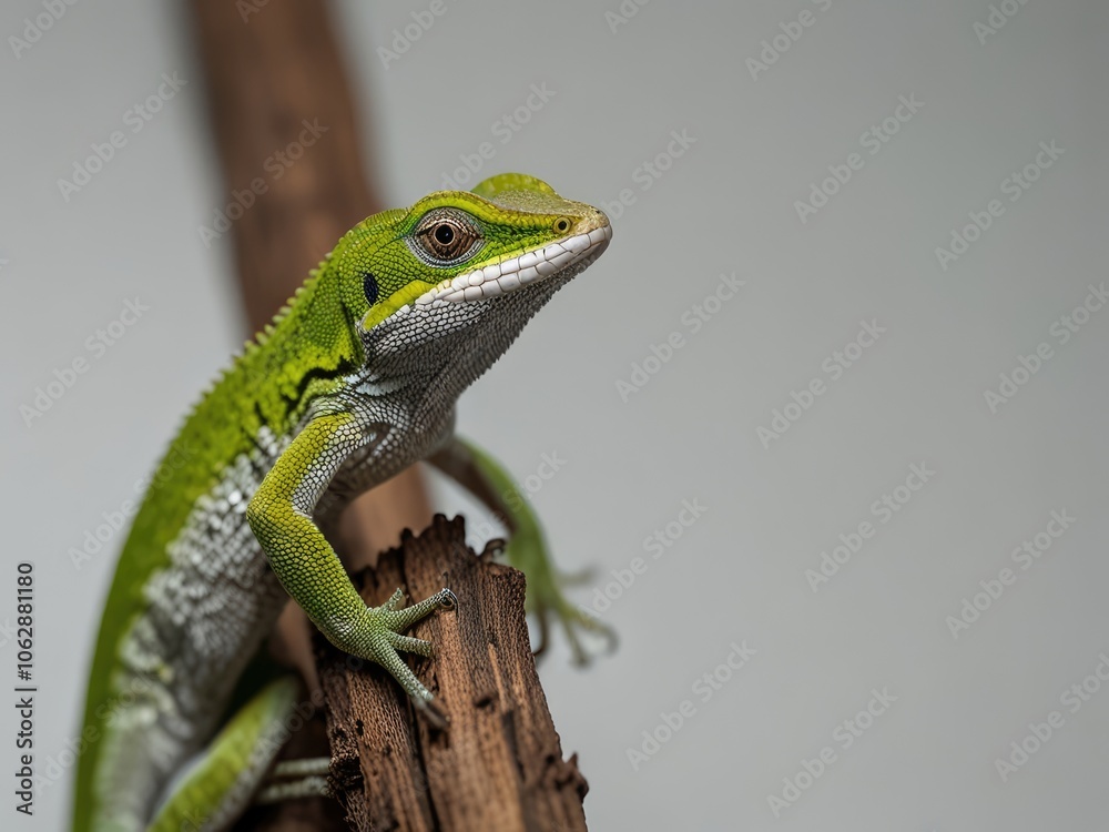 Fototapeta premium green lizard on a white background,lizard on a branch,green lizard on a branch