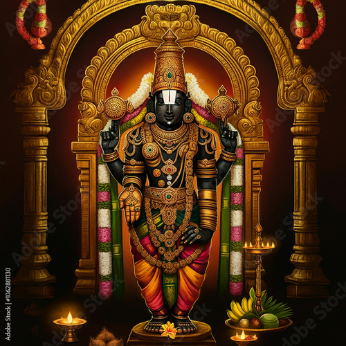 A magnificent portrayal of Lord Venkateswara adorned with vibrant garlands and a golden temple decor, symbolizing wealth, spirituality, and blessings in Hinduism
