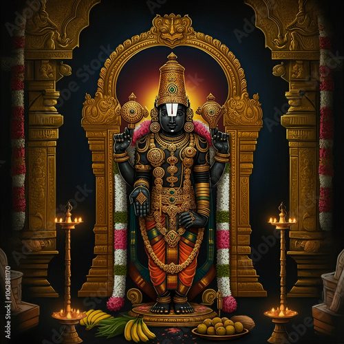 Traditional depiction of Lord Venkateswara in a temple setting, representing devotion, blessings, and prosperity in Hindu culture