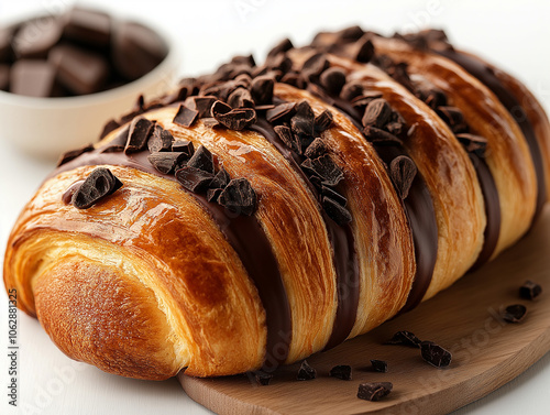 Brioche on top Chocolate , real, minimal and white background.