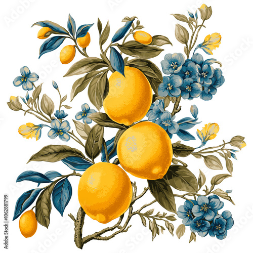 Isolated drawing of lemons with flowers on a white background