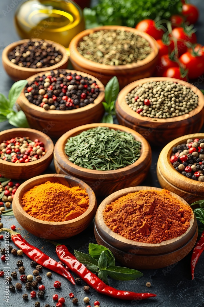 An aesthetic top view of spices, herbs, balsamic vinegar, and olive oil on a light surface An aesthetic top view of spices, herbs, balsamic vinegar, and olive oil on a light surface