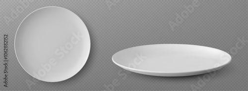 Empty white porcelain dinner plates top and side angles of view on transparent background. Realistic 3d vector ceramic dishware with smooth surface. Clean tableware mockup for menu presentation.