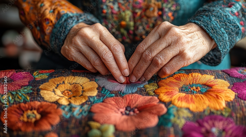 Artisan hands crafting intricate patterns on vibrant fabric, showcasing delicate threadwork and skilled craftsmanship in a dynamic composition Artisan hands crafting intricate patterns on vibrant fabric, showcasing delicate threadwork and skilled craftsmanship in a dynamic composition