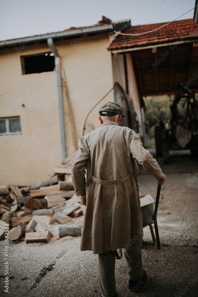 Old man rolling a wheelbarrow towards the pile of cut firewood. Old man rolling a wheelbarrow towards the pile of cut firewood.