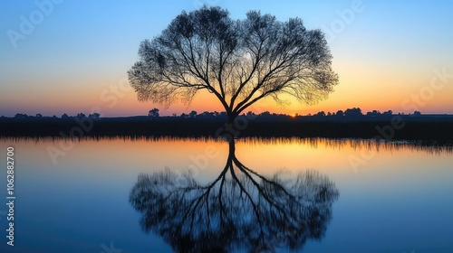 Silhouette of a solitary tree at sunset reflecting in calm water.