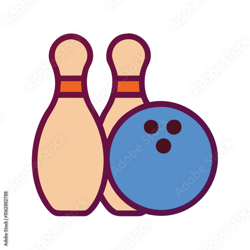 Colorful bowling pins and ball illustration, symbolizing bowling and indoor entertainment, isolated on white background.