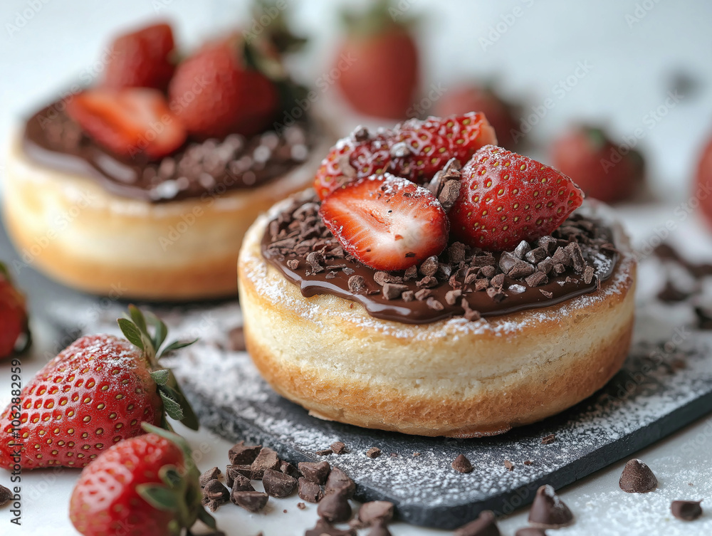 English Muffin on top Chocolate and strawberries sprinkled with icing sugar. , real, minimal and white background. English Muffin on top Chocolate and strawberries sprinkled with icing sugar. , real, minimal and white background.
