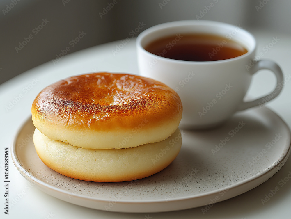 English Muffin on top green tea , real, minimal and white background. English Muffin on top green tea , real, minimal and white background.
