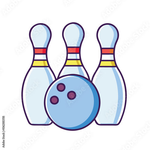 Colorful bowling pins and ball illustration, symbolizing bowling and indoor entertainment, isolated on white background.