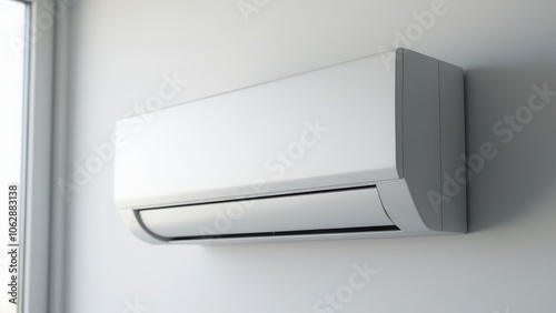 A clean, minimalist split system AC unit on a wall, showcasing parts of an home AC system