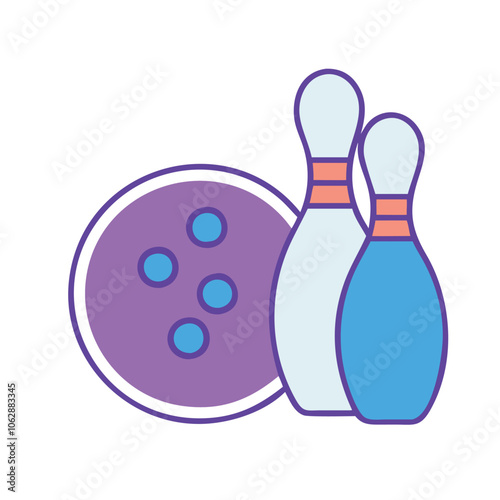 Colorful bowling pins and ball illustration, symbolizing bowling and indoor entertainment, isolated on white background.