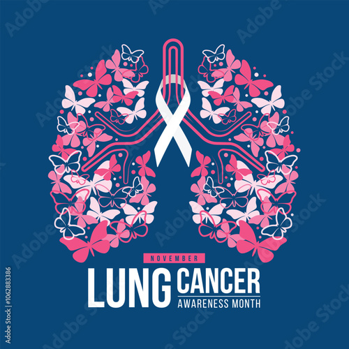 Lung cancer awareness month - White ribbon awareness sign cross on lung sign with butterfly texture on blue background vector design