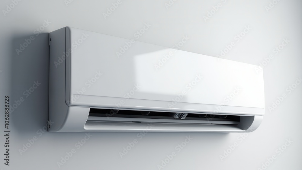 A close-up of a split system AC, showing parts of an home AC system and a clean installation A close-up of a split system AC, showing parts of an home AC system and a clean installation