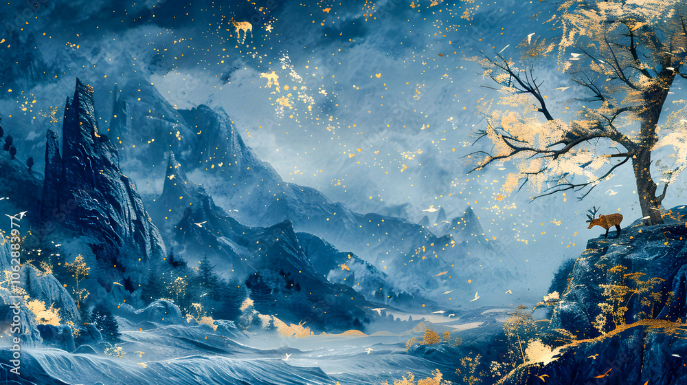 Dark blue mural wallpaper from the contemporary era Christmas tree, mountain, deer, birds, and waves of gold on a dark blue backdrop depicting a jungle or forest Dark blue mural wallpaper from the contemporary era Christmas tree, mountain, deer, birds, and waves of gold on a dark blue backdrop depicting a jungle or forest