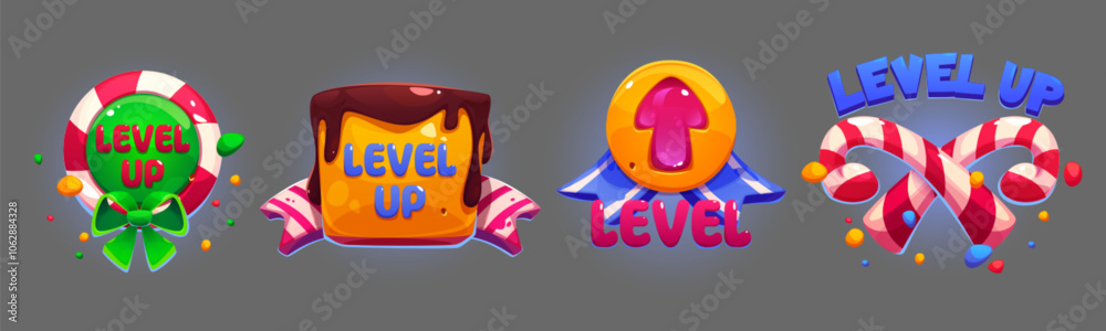 Bright game level up banners with candy design elements. Different cartoon sweet dessert badges - lollipop with green ribbon, chocolate covered cake, jelly rising arrow and crossed striped canes. Bright game level up banners with candy design elements. Different cartoon sweet dessert badges - lollipop with green ribbon, chocolate covered cake, jelly rising arrow and crossed striped canes.