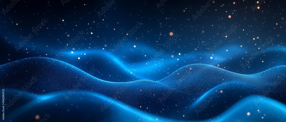 A serene, abstract representation of waves and stars in a deep blue space.