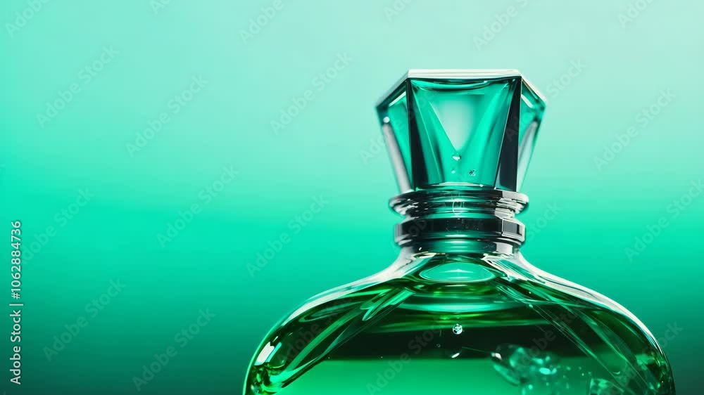Elegant perfume bottle with geometric design against vibrant teal background Elegant perfume bottle with geometric design against vibrant teal background
