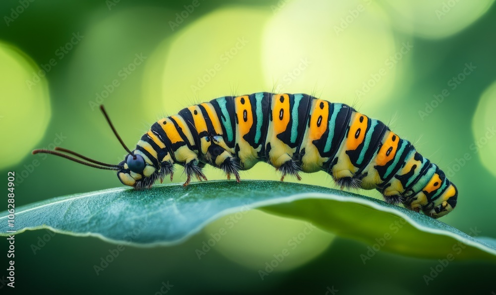 A close-up of a caterpillar on a leaf, beginning to spin its cocoon, surrounded by a blurred green background A close-up of a caterpillar on a leaf, beginning to spin its cocoon, surrounded by a blurred green background
