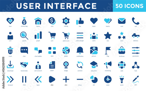 User Interface icons set with love, money bag, home, coin, setting, like, heart, hearts, mail, call icon. Simple flat vector 
