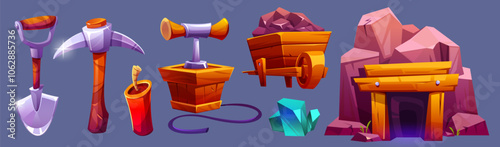 Coalmine entrance and mining equipment set isolated on background. Vector cartoon illustration of iron shovel and pickaxe, dynamite fuse box, cart full of coal, mountain dungeon exit, emerald crystal