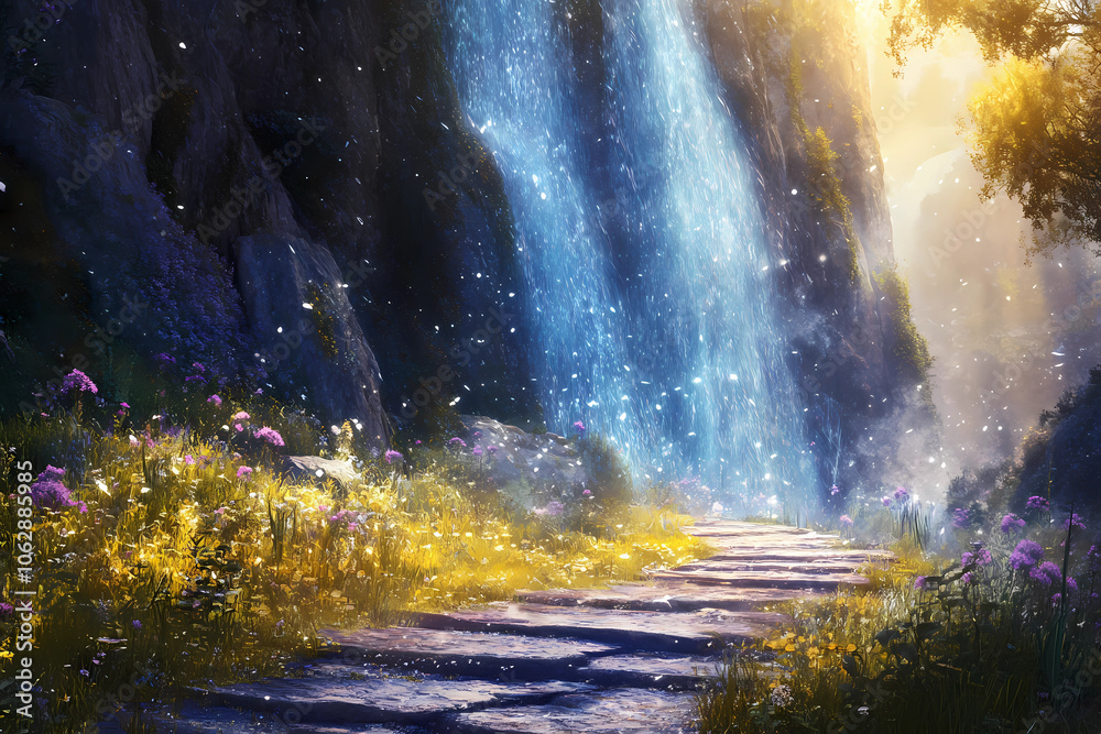 Sparkling Waters: A Path Winding Along a Waterfall Sparkling Waters: A Path Winding Along a Waterfall