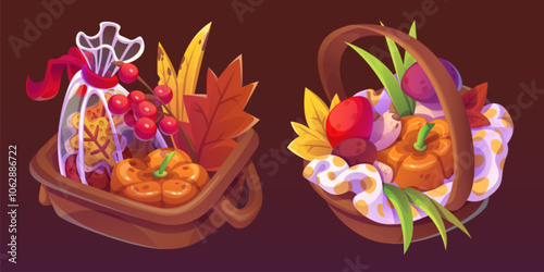 Autumn fruit and vegetable basket isolated vector. Healthy eating mushroom picking for picnic or thanksgiving with plenty leaves. Pumpkin food harvest in wicker fall symbol set with ribbon for game