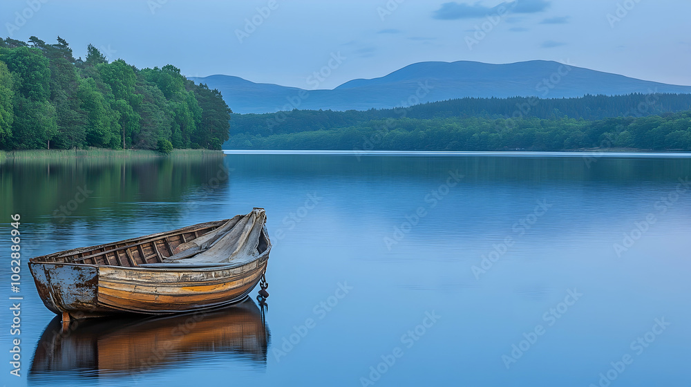 A lone wooden boat sits in the calm water of a lake at dusk, with mountains in the background. A lone wooden boat sits in the calm water of a lake at dusk, with mountains in the background.