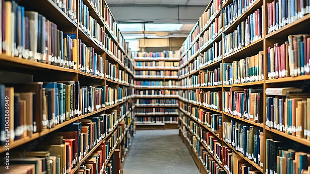 A long aisle in a library with bookshelves filled with books. A long aisle in a library with bookshelves filled with books.