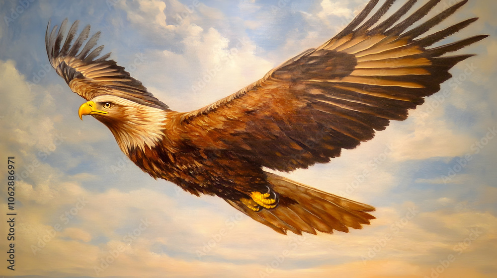 Obraz premium A majestic eagle in flight against a cloudy sky.