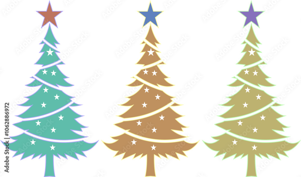 A group of colorful Christmas trees with stars on them. Xmas tree art work. Christmas tree with giftboxes. Christmas ornaments. Christmas decorative elements isolated on a white background. A group of colorful Christmas trees with stars on them. Xmas tree art work. Christmas tree with giftboxes. Christmas ornaments. Christmas decorative elements isolated on a white background.