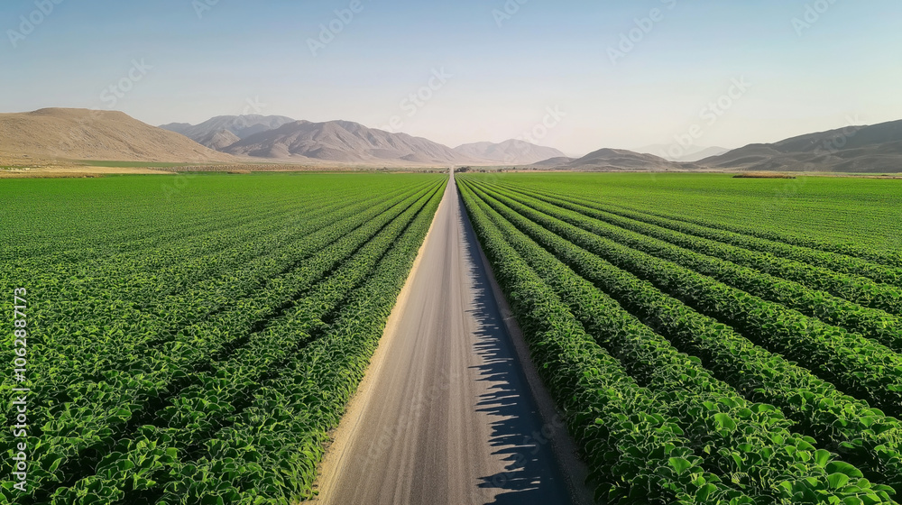 Naklejka premium Aerial view of a straight road cutting through expansive green crop fields with mountain range in the background under a clear blue sky.